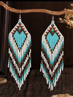 NWT turquoise white brown boho western fringe earring